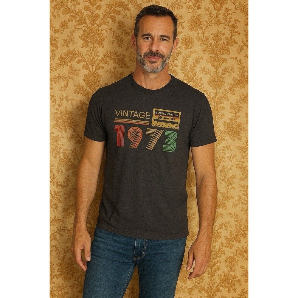 Three In Black "Vintage 1973" Graphic Print Short Sleeve Shirt Mens Size L